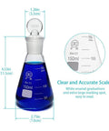 150ml Erlenmeyer flask with blue liquid, labeled 3 Piece Glass Erlenmeyer Flask Set 50ml 150ml 250ml with Stoppers and Cleaning Brush