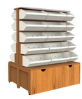 Heavy Duty Five Tier Steel Shelving Unit With Warm Wood Finish Double Sided Storage Rack featuring multiple storage bins for organization.