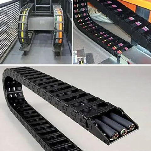 10mm x 15mm Black Plastic Flexible Nested Semi Closed Drag Chain Cable Wire Carrier, 1 Meter Length, shown in use on CNC rig