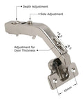 Top Shelf 2 Pack Bi Fold Corner Lazy Susan Hinges With Self Closing Action And 135 Degree Sweep nickel plated hinge with adjustments highlighted.