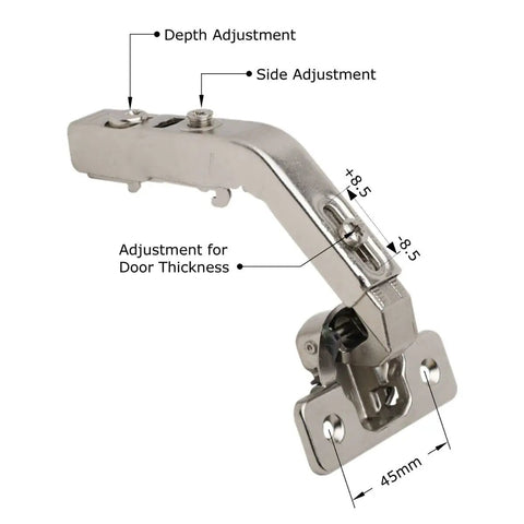 Top Shelf 2 Pack Bi Fold Corner Lazy Susan Hinges With Self Closing Action And 135 Degree Sweep nickel plated hinge with adjustments highlighted.