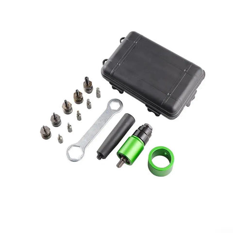 Transform Your Drill Into A Power Riveting Tool With This Sleek Nutsert Adapter Kit, Featuring Five Size Mandrels And Twenty Heavy Duty Nuts For Top Tier Automotive Repairs And Home Improvement Projects Made Easy. kit with case, green adapter, mandrels and wrench