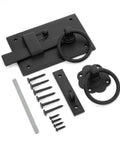 Heavy Duty Black Iron Gate Latch With Elegant Floral Base Plate And Weatherproof Coating Tough As Nails Two Sided Door Hardware For Outdoor Fences And Garden Gates assembly with screws and latch.