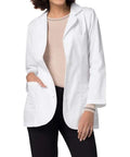 Woman wearing Women's Princess Cut Lab Coat 30 Inch Length With Front And Back Seams And Belt Detail, Two Patch Pockets And Chest Pocket