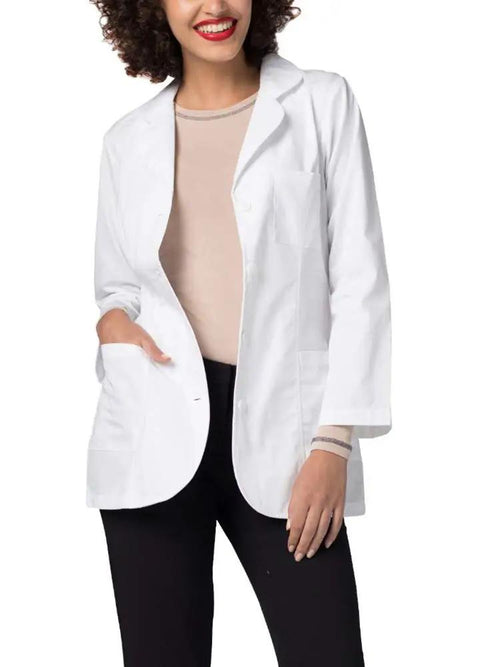 Woman wearing Women's Princess Cut Lab Coat 30 Inch Length With Front And Back Seams And Belt Detail, Two Patch Pockets And Chest Pocket