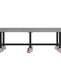 Industrial Grade Welding Fixture Table With Rolling Locking Casters For Pro Mechanics And Fabricators Laser Cut Precision Grid Pattern 96 By 48 By 36 Inches in black and gray with swivel wheels.
