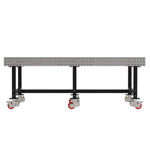 Industrial Grade Welding Fixture Table With Rolling Locking Casters For Pro Mechanics And Fabricators Laser Cut Precision Grid Pattern 96 By 48 By 36 Inches in black and gray with swivel wheels.