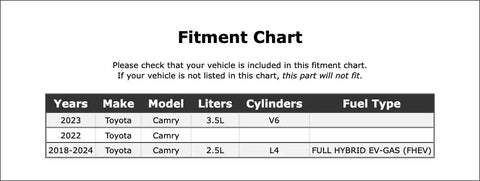 Fitment chart for Quality Built Tough Drive Motor Inverter Cooler Water Pump For Toyota Camry 2018 To 2024 with model details.