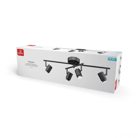 Packaging for Walton 4-Light Integrated LED Track Lighting System in Matte Black, Center Swivel Bar, 1800 Lumens, 3000K Warm White