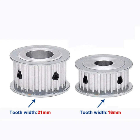 5M 12T Timing Belt Pulley With 5Mm Pitch And 10Mm Bore, 16Mm Wide Tooth For 15Mm Belts Or 21Mm Tooth Width For 20Mm Belts, Synchronous Wheel For Precise Belt Drive Systems, Arc Tooth Design, aluminum pulley shown with 16mm and 21mm tooth widths
