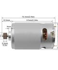 Rs550 High Speed Dc Motor Featuring 13 Steel Teeth For Rock Solid 10.8 To 25 Volt Kickoff Delivering 21500 To 29000 Rpms side view with dimensions