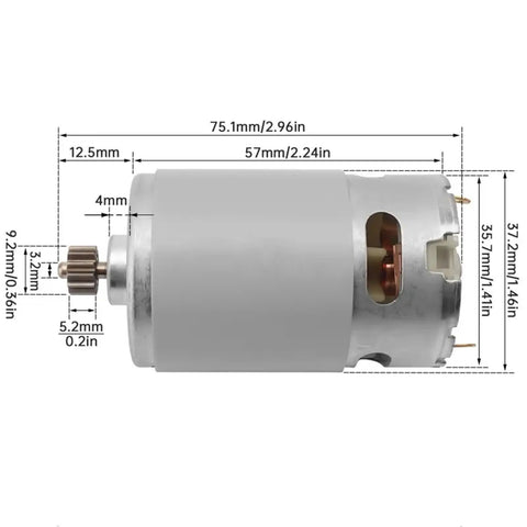 Rs550 High Speed Dc Motor Featuring 13 Steel Teeth For Rock Solid 10.8 To 25 Volt Kickoff Delivering 21500 To 29000 Rpms side view with dimensions