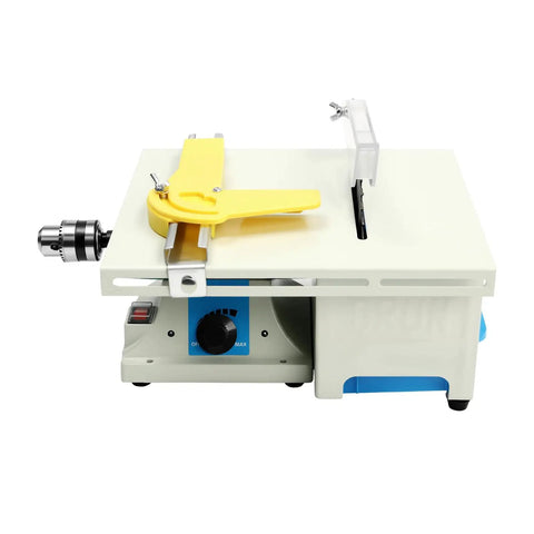 Slick 5 in 1 Bench Grinder Lapidary Machine With 750W Variable Speed Flexible Shaft side view with yellow handle and adjustable components.