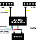 Fits Any Ride LED Daytime Running Light Auto On Off Controller Module Box Relay diagram showing connections to car and battery.