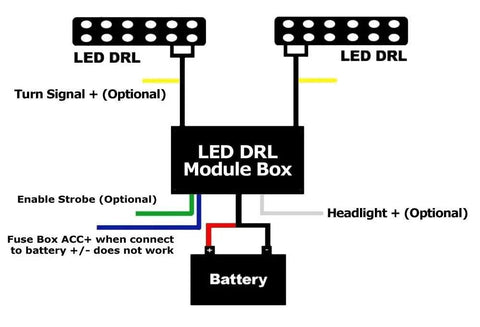 Fits Any Ride LED Daytime Running Light Auto On Off Controller Module Box Relay diagram showing connections to car and battery.