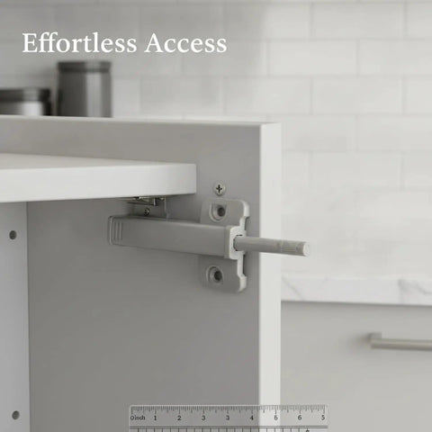 Push To Open Cabinet Latch With Rebound Mechanism for Handle Free Kitchen and Wardrobe Upgrades, installed on a white cabinet.