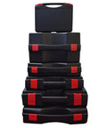Stack of black tool boxes with red latches showcasing Rugged Plastic Tool Box With Cushioned Sponge Inserts Portable Multi Size Tool Organizer