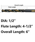 Heavy Duty Setup 6 Piece One Half Inch Black Gold High Speed Twist Drill Bit Set dimensions and details on sizes.