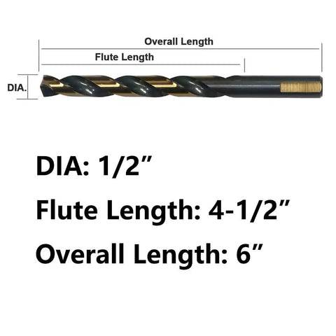 Heavy Duty Setup 6 Piece One Half Inch Black Gold High Speed Twist Drill Bit Set dimensions and details on sizes.