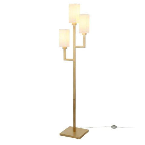 Three Light Torchiere Floor Lamp With White Fabric Shade And Brass Finish, Classic Geometric Metal Base For Living Room Or Office