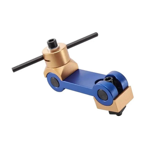 Built Different CNC Mill Machine Positioner Adjustable Milling Vise Stop, blue and gold, used for precise machining tasks.