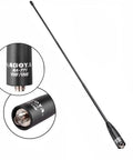 Beefed Up 15.6 Inch Dual Band VHF And UHF Antenna With SMA Female For BaoFeng And BTECH Radios Delivers Up To 3 Dbi Gain And Rugged Flexible Design Built, black whip with connector close-up