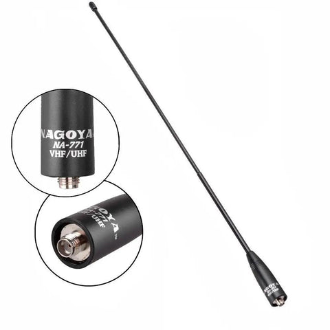 Beefed Up 15.6 Inch Dual Band VHF And UHF Antenna With SMA Female For BaoFeng And BTECH Radios Delivers Up To 3 Dbi Gain And Rugged Flexible Design Built, black whip with connector close-up