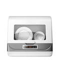 Fully Automatic Countertop Dishwasher With Ultrasonic Scrubbing And Auto Dry, front view with plates, 450mm size, food grade build.