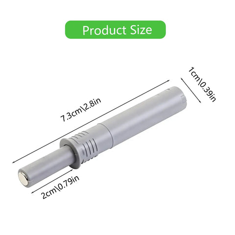 10 Pack Magnetic Push Latches For Cabinet Doors And Drawers Featuring Quiet Soft Close Action In Matte Gray Tone With Heavy Duty Spring Plunger Mechanism Working Like A Charm Daily size details showing dimensions.
