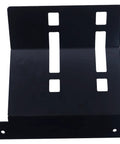 Black metal bracket with rectangular cutouts, designed for industrial mounting applications.