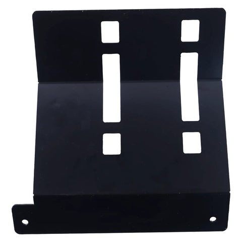 Black metal bracket with rectangular cutouts, designed for industrial mounting applications.
