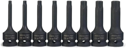 Half Inch Drive Torx Star Socket Set 8 Piece Long 3 Inch Length Cr Mo Impact Sockets From T30 To T70 Black Phosphate Finish