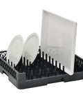 Heavy Duty Commercial Dishwasher Rack For Trays And Plates with white plates and a platter in a solid plastic frame.