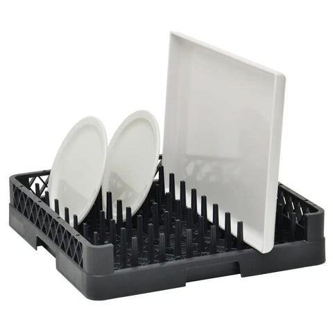 Heavy Duty Commercial Dishwasher Rack For Trays And Plates with white plates and a platter in a solid plastic frame.
