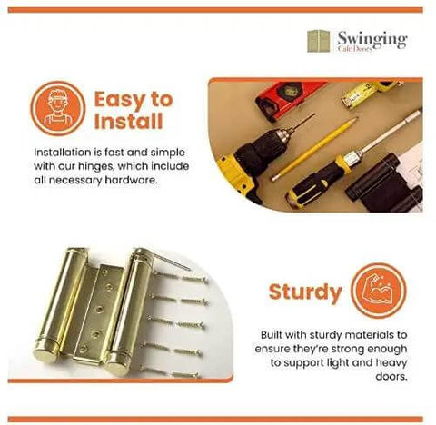 Tools and hardware for installing 6 Inch Double Action Spring Hinge For Saloon Doors 4 Pack Satin Chrome Finish, shown with hinge and screws.