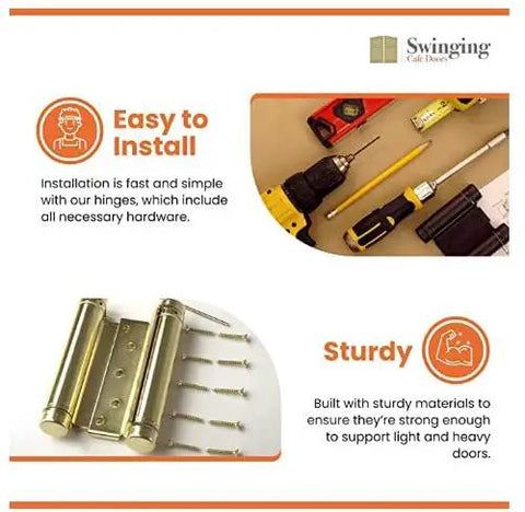 Tough As Nails Heavy Duty Double Action Hinges For Saloon Cafe Bar Swing Doors Polished Brass Commercial Self Closing Hardware Adjustable Spring Tension Smooth Two Way Open No Sweat Install Pair Of Two Pack with tools and screws.