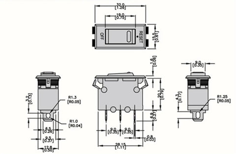 No Sweat Black Rocker Switch Circuit Breaker With 10 Amp Overload Protector dimension diagram showing size and reset switch.