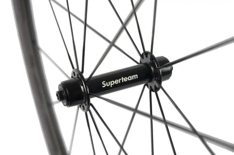 Close-up of R13 hub on Carbon Fiber Road Bike Wheelset 700c Clincher With 38mm Depth And 23mm Wide Rim, Toray T700, Basalt Braking Surface
