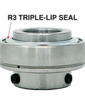 Front view of MAPLE ACE UC207-22 insert bearing with 1-3/8 in bore, spherical OD, R3 triple lip seal and set screws