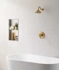Boss Brushed Gold Shower Faucet Valve Kit for Wall Mounted Shower Fixtures above bathtub in modern bathroom.