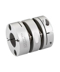 Built Tough Flexible Double Disc Shaft Coupler Designed For 32 Millimeter Bore Installations, silver aluminum and stainless steel design.