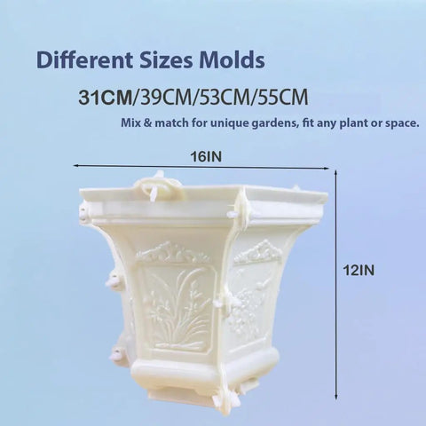 Hexagonal Concrete Planter Molds For DIY Garden Projects Reusable Large Geometric Planter Molds For Outdoor Decor Durable And Easy To Use For Crafting Modern Yard Pots 31 CM showing different sizes and ornate design