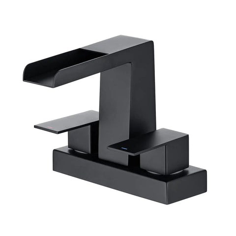 4 Inch Centerset Waterfall Bathroom Faucet With Two Handles, 3 Hole Basin Setup, Pop Up Drain, Lavatory Mixer Tap, Matte Black