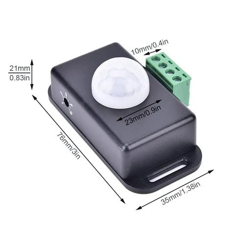 12V 24V PIR Motion Sensor LED Light Switch With 5 To 8 Meter Detection Range, Auto On Off Lighting Switch For Hallways And Rooms, Adjustable Delay Timer, Energy Saving, Easy Install, Ideal For Home And Office; black sensor module 76x35x21mm