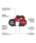 Side view of M12 Fuel Compact Cordless Band Saw with 2.5 inch throat and 30.56 inch blade for metal, wood, plastic cutting.