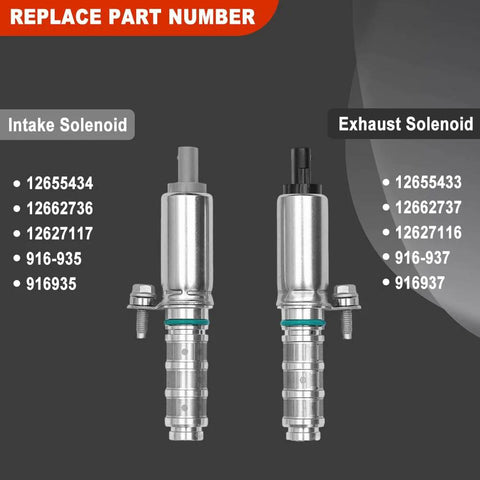 Plug-And-Play Intake And Exhaust Camshaft Position Actuator Solenoid Kit For Chevy Malibu Impala Regal Canyon 2.0L 2.5L VVT Upgrade 2013-2017 Models OEM Replacement 12662736 12662737 intake and exhaust solenoids with part numbers.