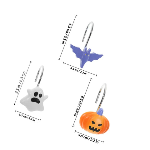 Halloween Shower Curtain Hooks Bat Pumpkin Ghost Design 12 Piece Set With Smooth Glide No Snag Durable Rust Resistant Metal Rings.