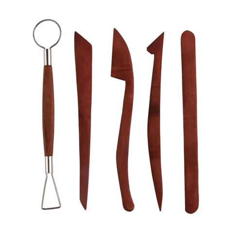 Premium Five Piece Solid Rosewood Sculpting Tools And Clay Molding Knives set displayed, five tools featuring rosewood handles.