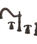 French Country Widespread Kitchen Faucet With Brass Sprayer In Oil Rubbed Bronze 8-1/4 Inch Spout Reach Solid Brass Construction