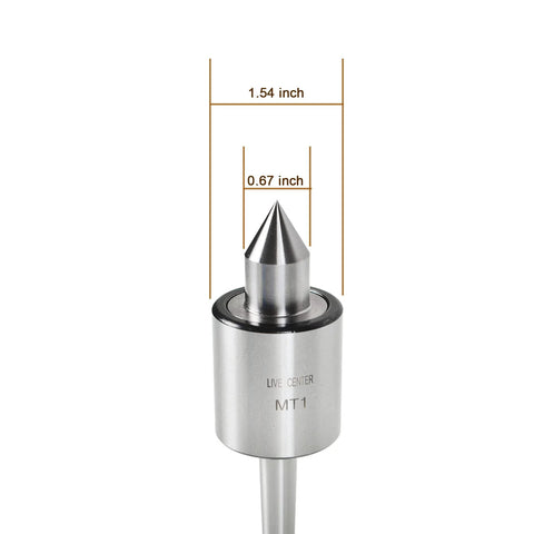 MT1 live tailstock center; silver metal body with conical tip for high-speed turning.
